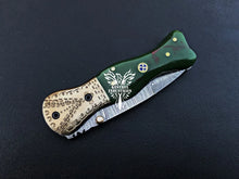 Load image into Gallery viewer, 7" Custom Handmade Damascus Pocket Folding Knife, Liner Lock Folding Pocket Knife with Leather Pouch (KFK-110)