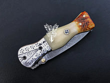 Load image into Gallery viewer, 7" Custom Handmade Damascus Pocket Folding Knife, Liner Lock Folding Pocket Knife with Leather Pouch (KFK-126)