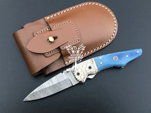 Load image into Gallery viewer, 7&quot; Custom Handmade Damascus Pocket Folding Knife, Liner Lock Folding Pocket Knife with Leather Pouch (KFK-122)
