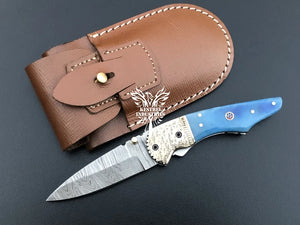 7" Custom Handmade Damascus Pocket Folding Knife, Liner Lock Folding Pocket Knife with Leather Pouch (KFK-122)