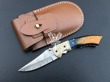 Load image into Gallery viewer, 7&quot; Custom Handmade Damascus Pocket Folding Knife, Liner Lock Folding Pocket Knife with Leather Pouch (KFK-120)
