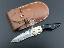 Load image into Gallery viewer, 7&quot; Custom Handmade Damascus Pocket Folding Knife, Liner Lock Folding Pocket Knife with Leather Pouch (KFK-123)
