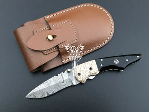 7" Custom Handmade Damascus Pocket Folding Knife, Liner Lock Folding Pocket Knife with Leather Pouch (KFK-123)