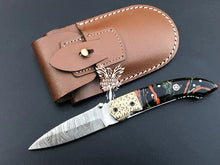 Load image into Gallery viewer, 8&quot; Custom Handmade Damascus Pocket Folding Knife, Liner Lock Folding Pocket Knife with Leather Pouch (KFK-116)
