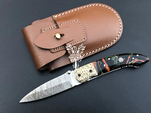 8" Custom Handmade Damascus Pocket Folding Knife, Liner Lock Folding Pocket Knife with Leather Pouch (KFK-116)