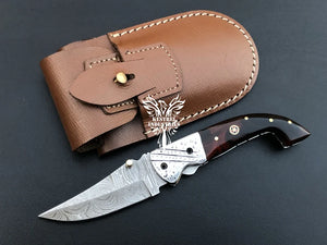 7.75" Custom Handmade Damascus Pocket Folding Knife, Liner Lock Folding Pocket Knife with Leather Pouch (KFK-113)