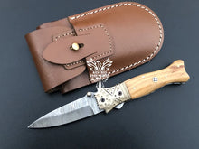 Load image into Gallery viewer, 7&quot; Custom Handmade Damascus Pocket Folding Knife, Liner Lock Folding Pocket Knife with Leather Pouch (KFK-125)
