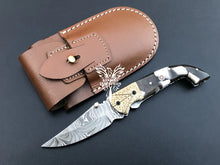 Load image into Gallery viewer, 7.75&quot; Custom Handmade Damascus Pocket Folding Knife, Liner Lock Folding Pocket Knife with Leather Pouch (KFK-114)
