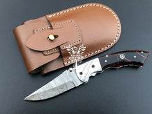 Load image into Gallery viewer, 7&quot; Custom Handmade Damascus Pocket Folding Knife, Liner Lock Folding Pocket Knife with Leather Pouch (KFK-119)
