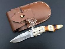 Load image into Gallery viewer, 7&quot; Custom Handmade Damascus Pocket Folding Knife, Liner Lock Folding Pocket Knife with Leather Pouch (KFK-124)
