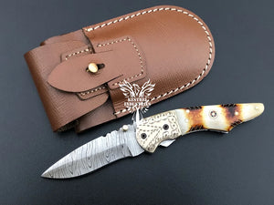 7" Custom Handmade Damascus Pocket Folding Knife, Liner Lock Folding Pocket Knife with Leather Pouch (KFK-124)