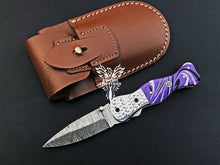 Load image into Gallery viewer, 7&quot; Custom Handmade Damascus Pocket Folding Knife, Liner Lock Folding Pocket Knife with Leather Pouch (KFK-105)
