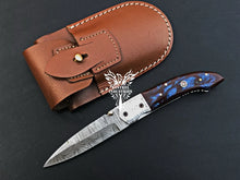 Load image into Gallery viewer, 8&quot; Custom Handmade Damascus Pocket Folding Knife, Liner Lock Folding Pocket Knife with Leather Pouch (KFK-104)
