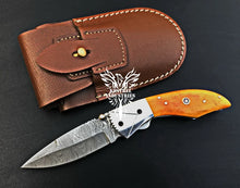 Load image into Gallery viewer, 7.5&quot; Custom Handmade Damascus Pocket Folding Knife, Liner Lock Folding Pocket Knife with Leather Pouch (KFK-101)
