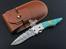 Load image into Gallery viewer, 7&quot; Custom Handmade Damascus Pocket Folding Knife, Liner Lock Folding Pocket Knife with Leather Pouch (KFK-109)
