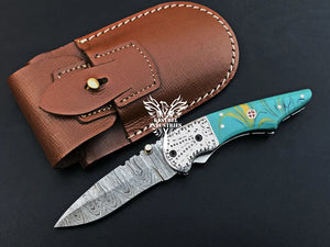 7" Custom Handmade Damascus Pocket Folding Knife, Liner Lock Folding Pocket Knife with Leather Pouch (KFK-109)