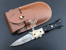 Load image into Gallery viewer, 7&quot; Custom Handmade Damascus Pocket Folding Knife, Liner Lock Folding Pocket Knife with Leather Pouch (KFK-121)
