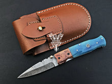 Load image into Gallery viewer, 7&quot; Custom Handmade Damascus Pocket Folding Knife, Liner Lock Folding Pocket Knife with Leather Pouch (KFK-106)
