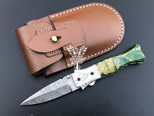 Load image into Gallery viewer, 7&quot; Custom Handmade Damascus Pocket Folding Knife, Liner Lock Folding Pocket Knife with Leather Pouch (KFK-118)
