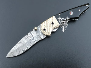 7" Custom Handmade Damascus Pocket Folding Knife, Liner Lock Folding Pocket Knife with Leather Pouch (KFK-123)