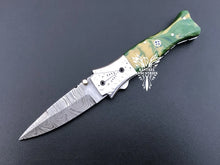 Load image into Gallery viewer, 7&quot; Custom Handmade Damascus Pocket Folding Knife, Liner Lock Folding Pocket Knife with Leather Pouch (KFK-118)
