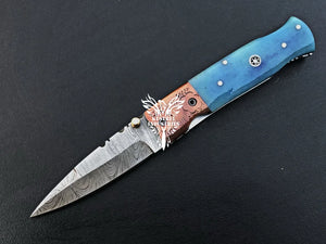 7" Custom Handmade Damascus Pocket Folding Knife, Liner Lock Folding Pocket Knife with Leather Pouch (KFK-106)