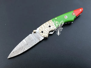 7" Custom Handmade Damascus Pocket Folding Knife, Liner Lock Folding Pocket Knife with Leather Pouch (KFK-115)