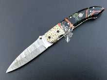 Load image into Gallery viewer, 8&quot; Custom Handmade Damascus Pocket Folding Knife, Liner Lock Folding Pocket Knife with Leather Pouch (KFK-116)
