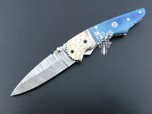 7" Custom Handmade Damascus Pocket Folding Knife, Liner Lock Folding Pocket Knife with Leather Pouch (KFK-122)