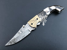 Load image into Gallery viewer, 7.75&quot; Custom Handmade Damascus Pocket Folding Knife, Liner Lock Folding Pocket Knife with Leather Pouch (KFK-114)
