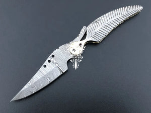 8.5" Custom Handmade Damascus Pocket Folding Knife, Liner Lock Folding Pocket Knife with Leather Pouch (KFK-127)