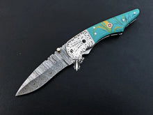 Load image into Gallery viewer, 7&quot; Custom Handmade Damascus Pocket Folding Knife, Liner Lock Folding Pocket Knife with Leather Pouch (KFK-109)
