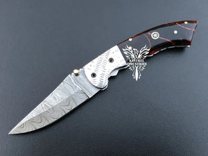 7" Custom Handmade Damascus Pocket Folding Knife, Liner Lock Folding Pocket Knife with Leather Pouch (KFK-119)