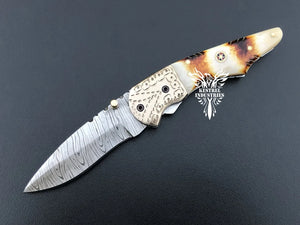 7" Custom Handmade Damascus Pocket Folding Knife, Liner Lock Folding Pocket Knife with Leather Pouch (KFK-124)