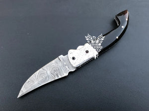 7.75" Custom Handmade Damascus Pocket Folding Knife, Liner Lock Folding Pocket Knife with Leather Pouch (KFK-113)