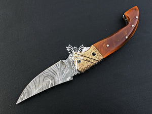 7.75" Custom Handmade Damascus Pocket Folding Knife, Liner Lock Folding Pocket Knife with Leather Pouch (KFK-103)