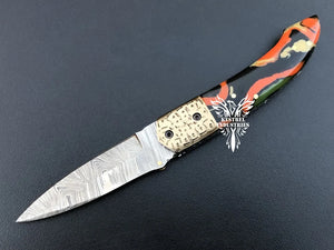 8" Custom Handmade Damascus Pocket Folding Knife, Liner Lock Folding Pocket Knife with Leather Pouch (KFK-116)