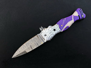 7" Custom Handmade Damascus Pocket Folding Knife, Liner Lock Folding Pocket Knife with Leather Pouch (KFK-105)