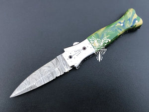 7" Custom Handmade Damascus Pocket Folding Knife, Liner Lock Folding Pocket Knife with Leather Pouch (KFK-118)