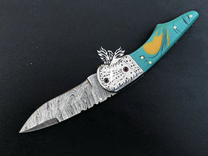 7" Custom Handmade Damascus Pocket Folding Knife, Liner Lock Folding Pocket Knife with Leather Pouch (KFK-109)