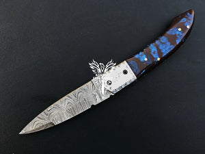 8" Custom Handmade Damascus Pocket Folding Knife, Liner Lock Folding Pocket Knife with Leather Pouch (KFK-104)