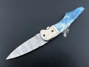 7" Custom Handmade Damascus Pocket Folding Knife, Liner Lock Folding Pocket Knife with Leather Pouch (KFK-122)