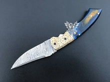 Load image into Gallery viewer, 7&quot; Custom Handmade Damascus Pocket Folding Knife, Liner Lock Folding Pocket Knife with Leather Pouch (KFK-120)
