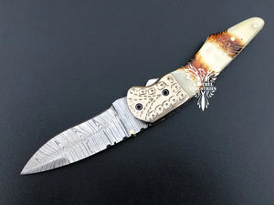 7" Custom Handmade Damascus Pocket Folding Knife, Liner Lock Folding Pocket Knife with Leather Pouch (KFK-124)