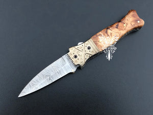 7" Custom Handmade Damascus Pocket Folding Knife, Liner Lock Folding Pocket Knife with Leather Pouch (KFK-125)