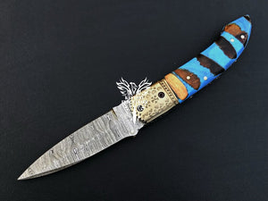 8" Custom Handmade Damascus Pocket Folding Knife, Liner Lock Folding Pocket Knife with Leather Pouch (KFK-102)