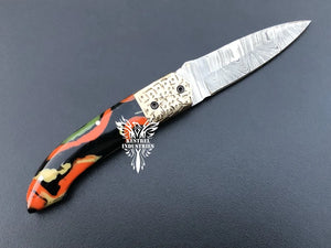 8" Custom Handmade Damascus Pocket Folding Knife, Liner Lock Folding Pocket Knife with Leather Pouch (KFK-116)