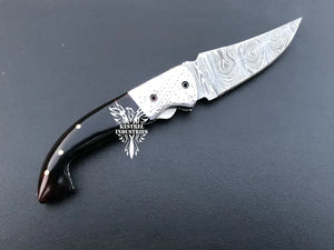 7.75" Custom Handmade Damascus Pocket Folding Knife, Liner Lock Folding Pocket Knife with Leather Pouch (KFK-113)