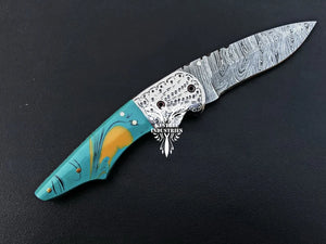 7" Custom Handmade Damascus Pocket Folding Knife, Liner Lock Folding Pocket Knife with Leather Pouch (KFK-109)