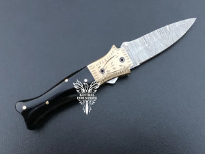 7" Custom Handmade Damascus Pocket Folding Knife, Liner Lock Folding Pocket Knife with Leather Pouch (KFK-121)